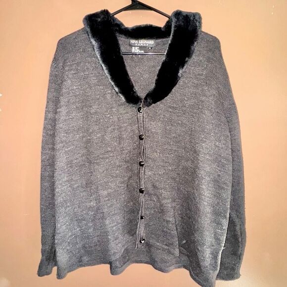 Nina Leonard Women's Faux Fur Trim Button Down Wool Jacket Gray - Size 14 - Picture 5 of 10